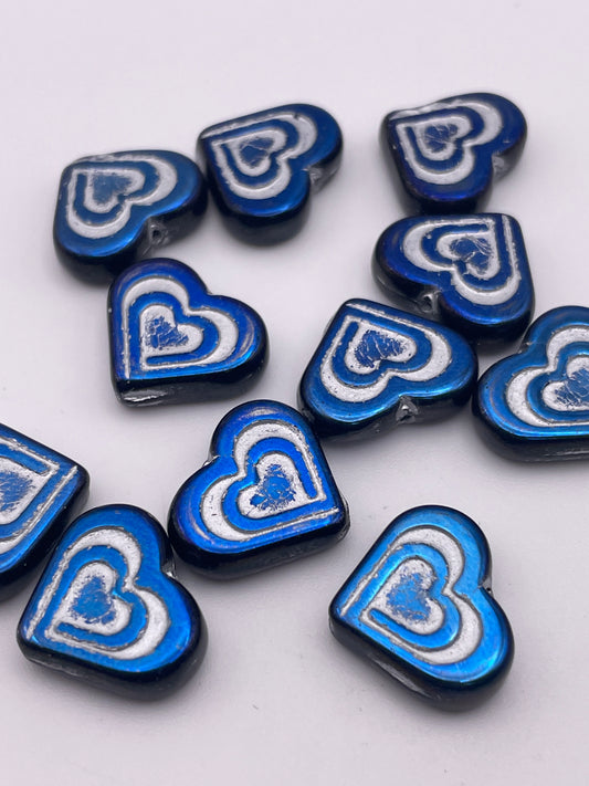 12mm Metallic Blue Heart Czech Single Bead.