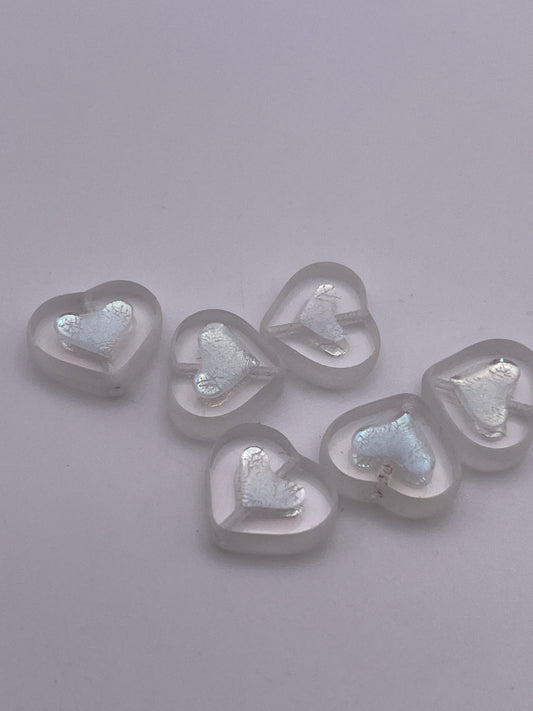 14mm Clear Heart and White Indent Czech Single Bead.