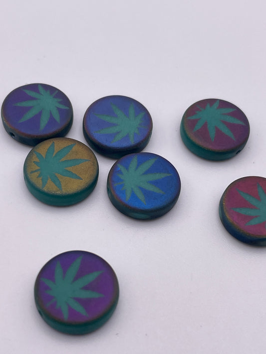 14mm Metallic Marijuana Leaf Czech Single Bead.