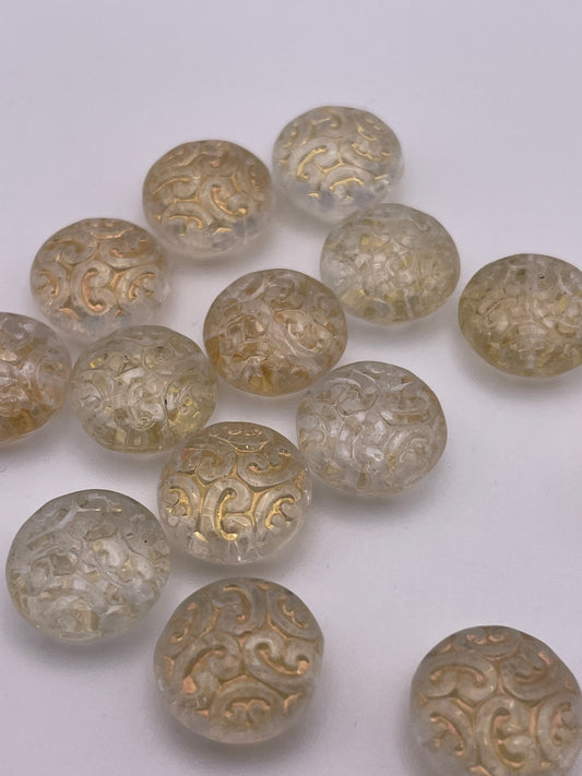 15mm Clear and Gold Coin Pattern Czech Single Beads.