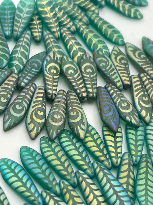 15mm Green Assorted Pattern Spear Top Drilled Czech Bead Strand.