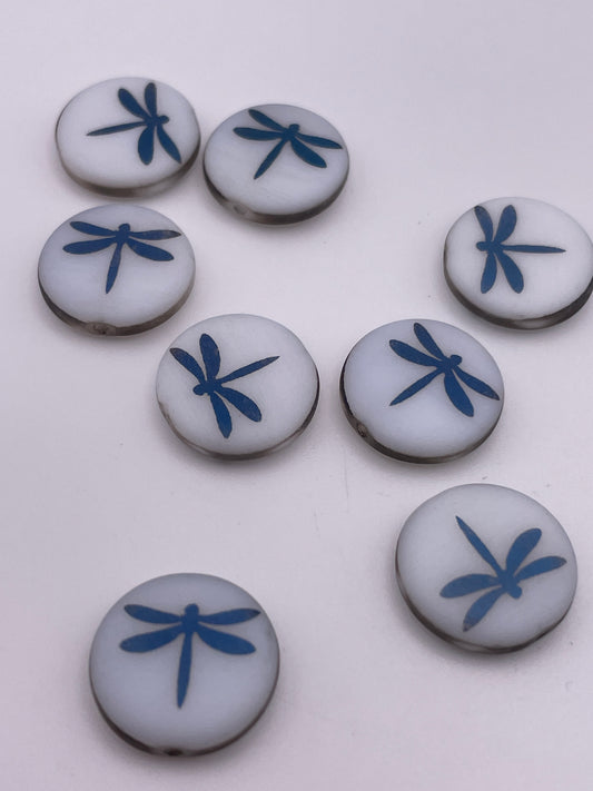 15mm Metallic Dragonfly On White Coin Czech Single Bead.