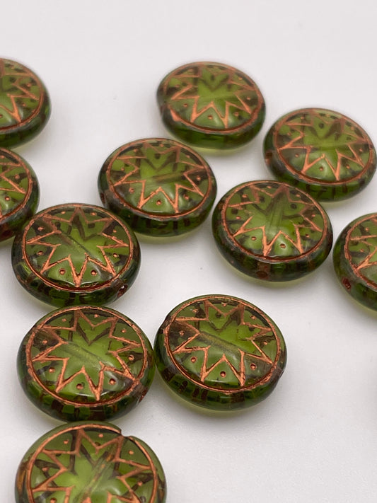 15mm Green and Copper Semitransparent Czech Single Bead.