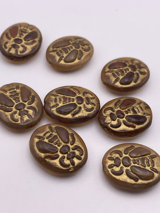 20mm Brown And Gold Bee Oval Czech Glass Single Bead.