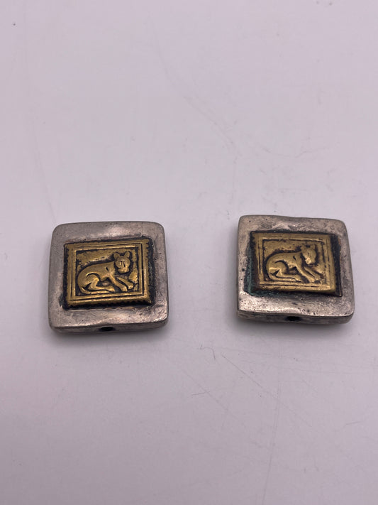 Gold Cat Square Bead Antique Indian Coin Silver Single Bead