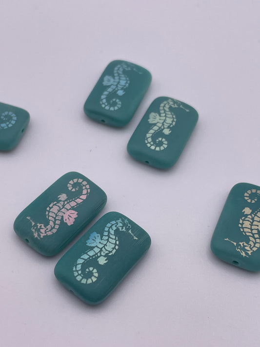 12x20 Rectangle Teal Seahorse Czech Single Bead